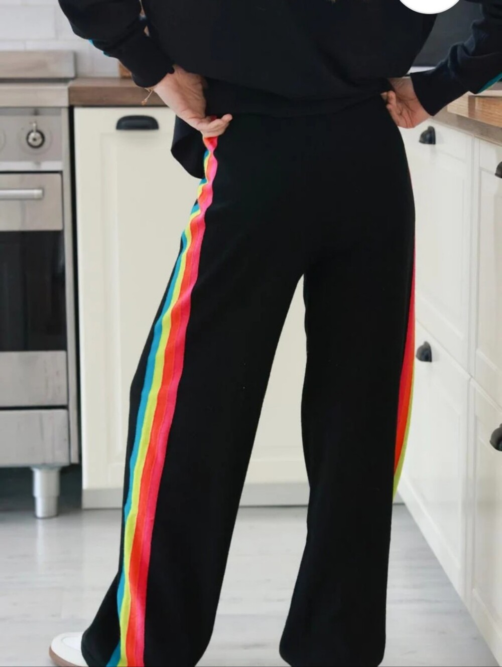 Cold & Silver LUXURY Black Wide-Leg Knit Lounge Pants w/Rainbow  - SIZE T2 (S/M)